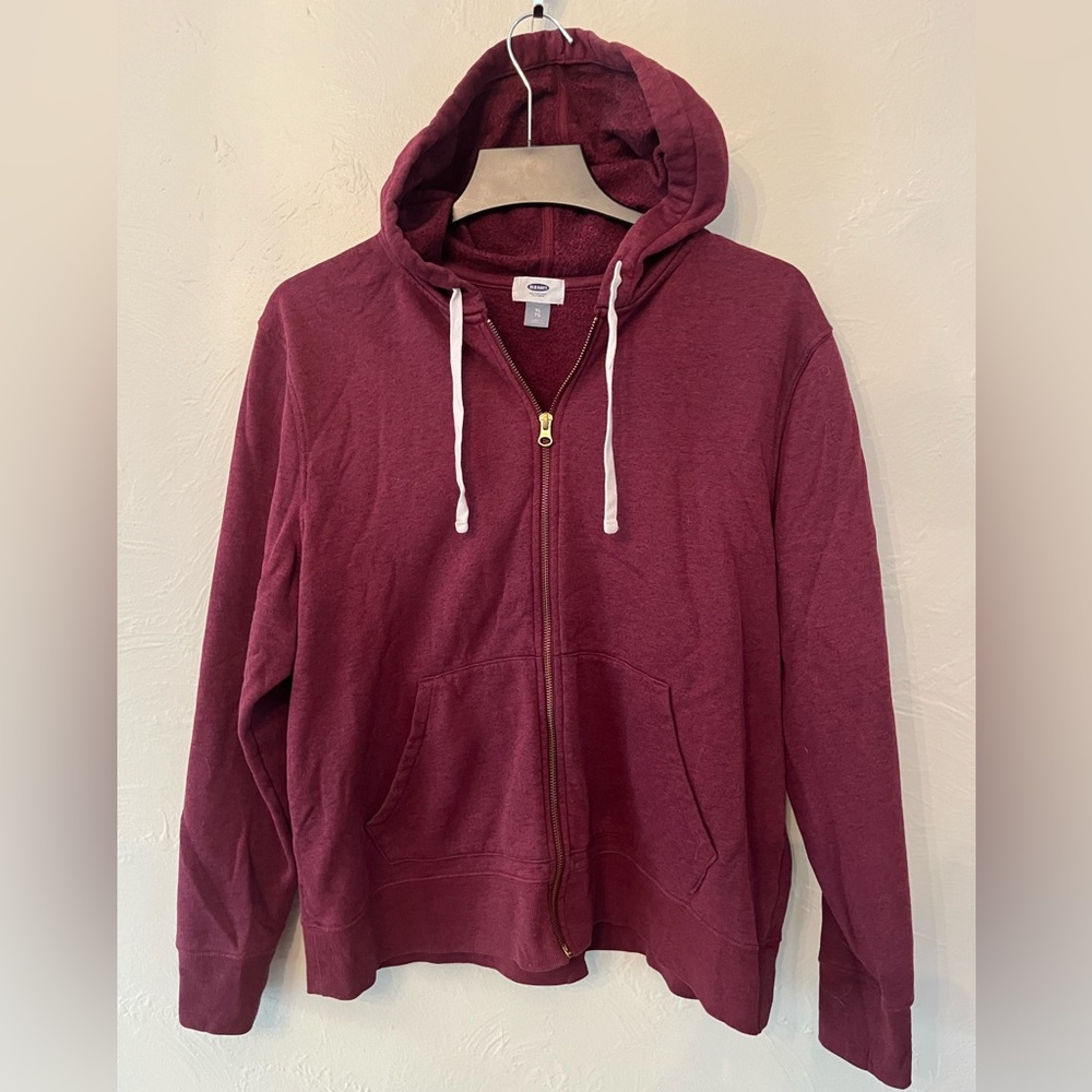 Heathered burgundy full zip-up casual hoodie with pockets XL.